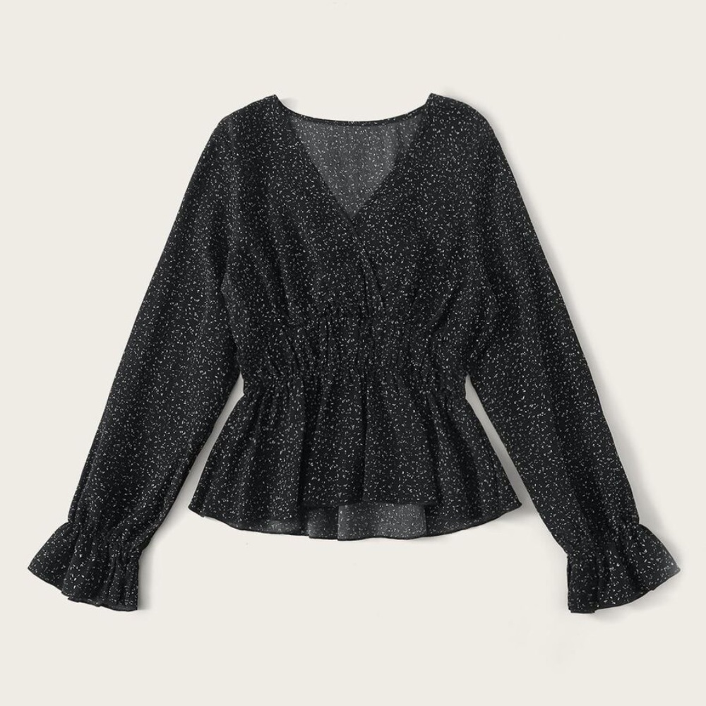 Speckled Print Long Sleeve V-neck  Blouse 2XL